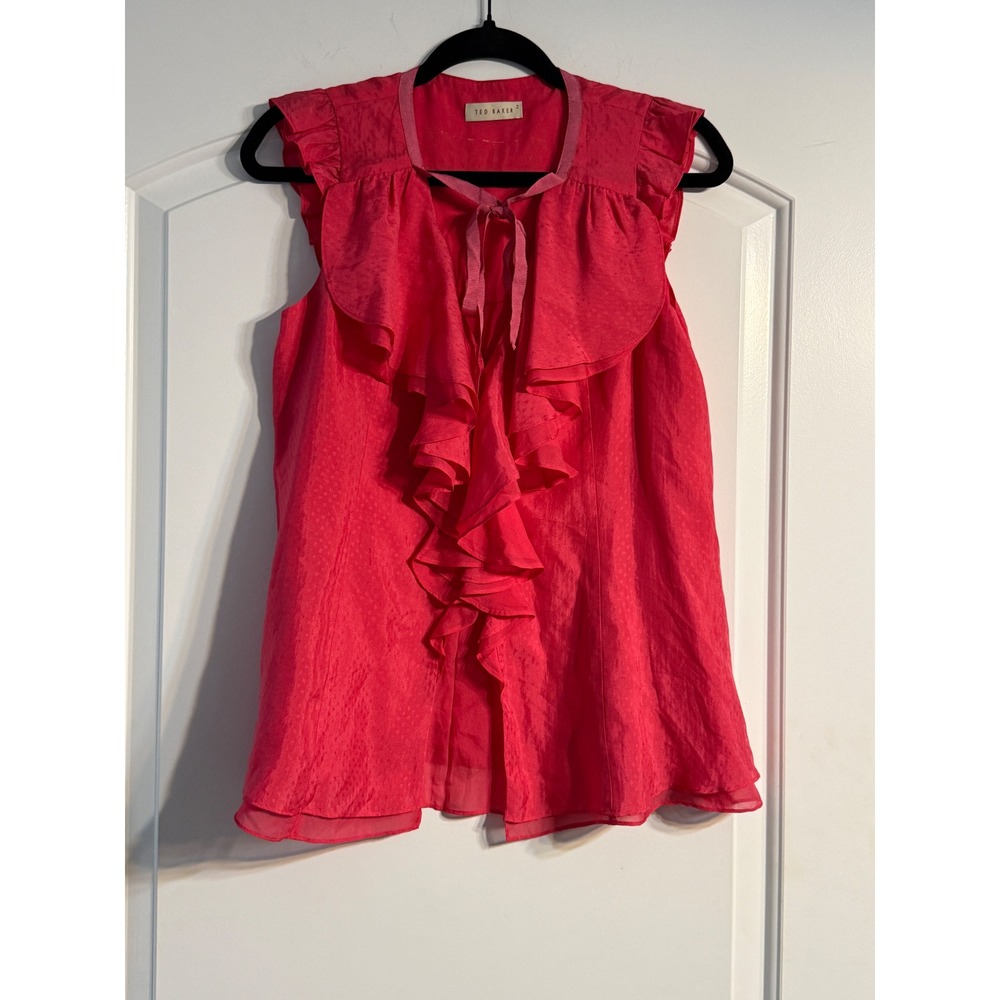 Ted Baker Ruffle Front Blouse Women Size 2 Pink Excellent Jacquard‎ Cap Sleeve